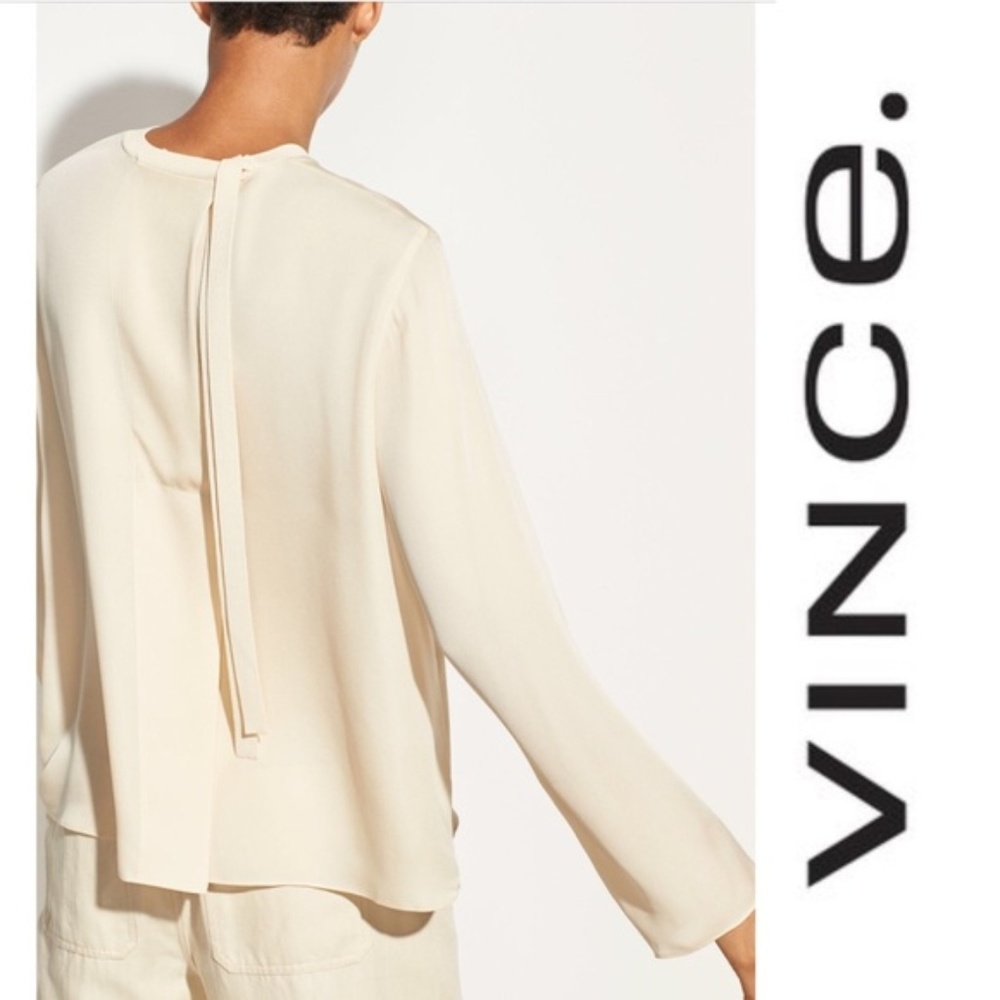 VINCE Split Back Tie Neck 100% Silk Blouse